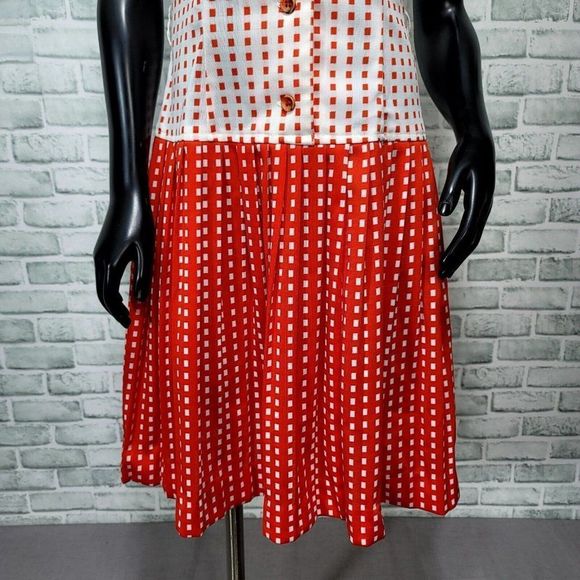 Vintage 60s 70s Mod Orange White Polyester Square Pattern Pleated Shirt Dress - Picture 4 of 8